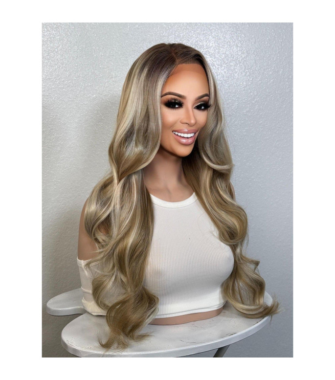 Frosted Wheaty Multi-Tonal Beige Blonde Human Hair Blend Lace Wig, Balayage Natural Roots