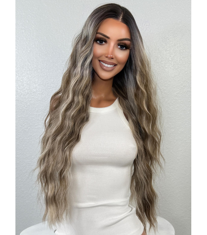 Rooty Ash Blonde Human Hair Blend Lace Front Wig, Bold Face-Framing Highlights, 28 inch