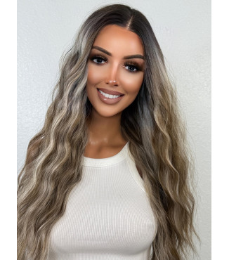 Rooty Ash Blonde Human Hair Blend Lace Front Wig, Bold Face-Framing Highlights, 28 inch
