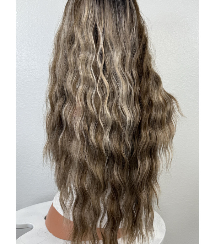 Rooty Ash Blonde Human Hair Blend Lace Front Wig, Bold Face-Framing Highlights, 28 inch