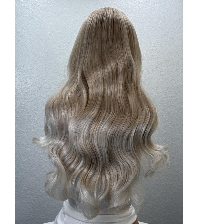 Icy Platinum Cool Natural Blonde Balayage Human Hair Blend Wig, Blond Money-Piece Loose