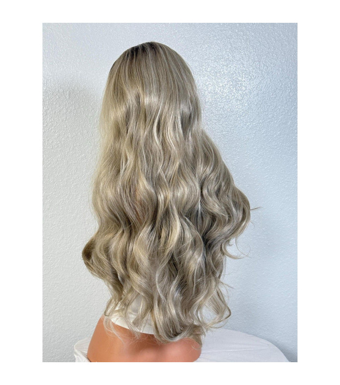 Iced Ash Winter Blonde Ventilated Human Hair Blend Wig, Balayage Loose Curls Premium Wig