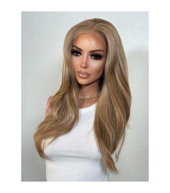 Warm Sun-Kissed Sandy Honey Blonde Human Hair Blend Beige Wig, Balayage Hi-Lights Frontal