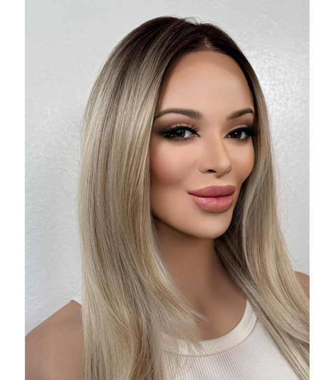 Blonde Human Hair Blend Dark Roots Lace Frontal Wig, Ombr 18 inch Face Framing Layered