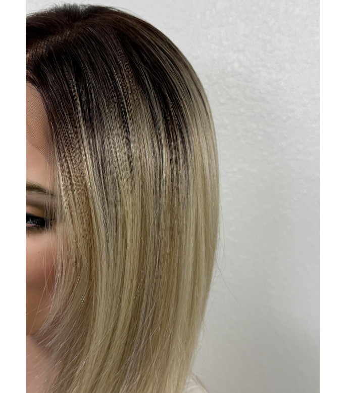 Blonde Human Hair Blend Dark Roots Lace Frontal Wig, Ombr 18 inch Face Framing Layered