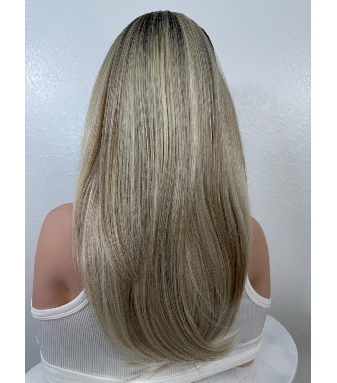 Blonde Human Hair Blend Dark Roots Lace Frontal Wig, Ombr 18 inch Face Framing Layered