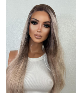 Summer Vanilla Blonde Balayage Free Part Human Hair Blend Lace Wig, Soft Wavy HD Premium