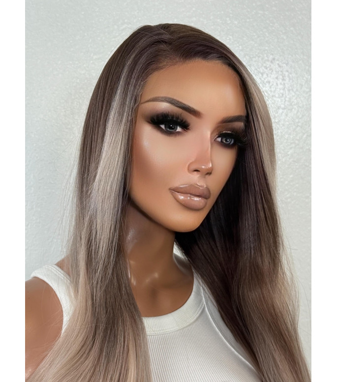 Summer Vanilla Blonde Balayage Free Part Human Hair Blend Lace Wig, Soft Wavy HD Premium