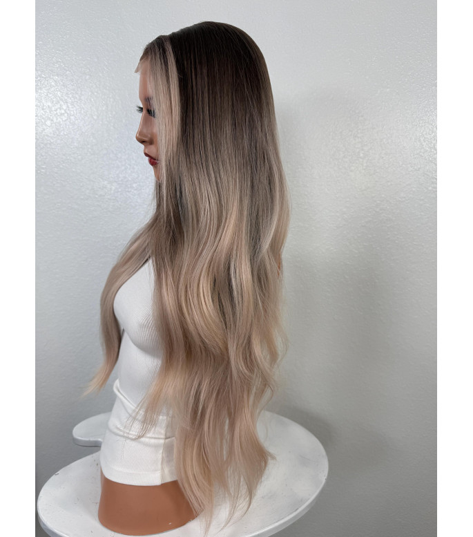 Summer Vanilla Blonde Balayage Free Part Human Hair Blend Lace Wig, Soft Wavy HD Premium