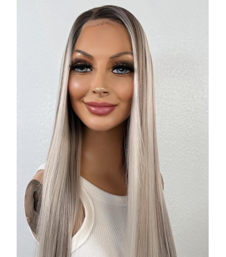 Platinum Pearl Blonde Human Hair Blend Wig with Ash Balayage Bold Chunky Highlights