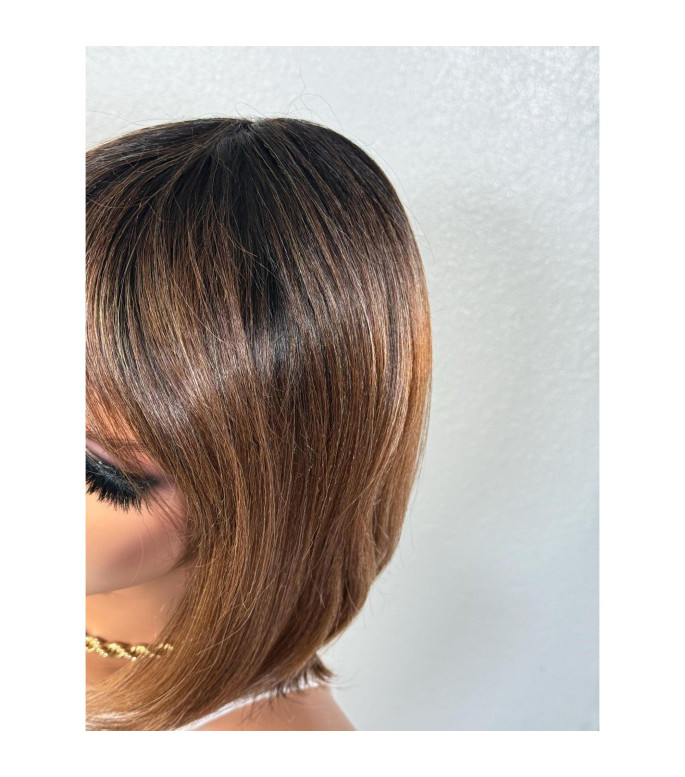Milk Chocolate Short Bob Human Hair Blend Wig, Warm Sunkissed Auburn Highlights Ready to