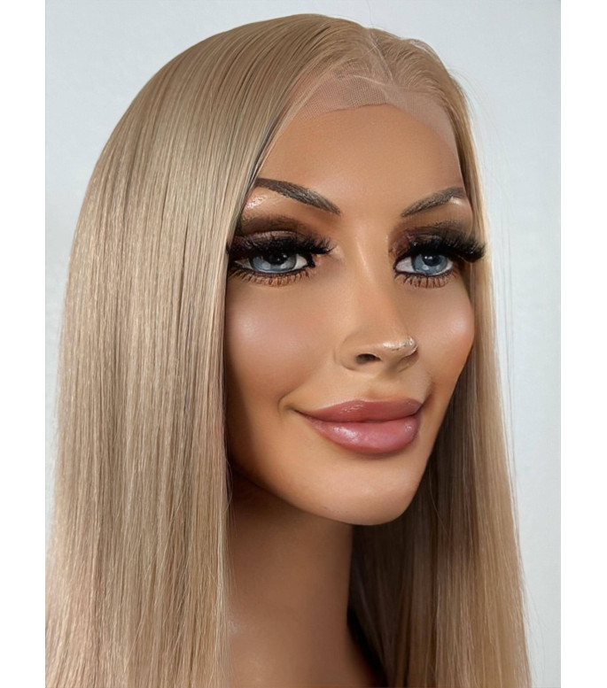 Medium blonde Human Hair Blend long bob haircut lace frontal wig, Premium  HD 13x6 lace