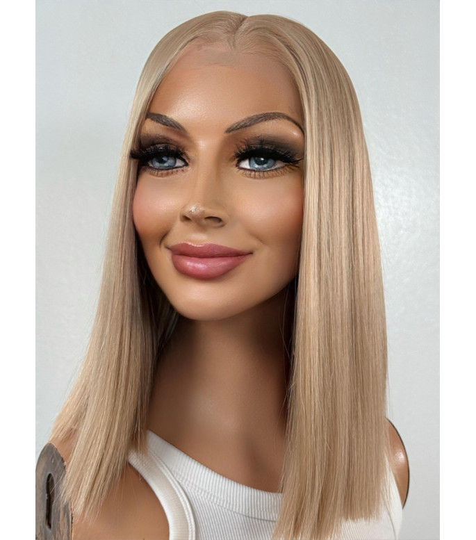 Medium blonde Human Hair Blend long bob haircut lace frontal wig, Premium  HD 13x6 lace