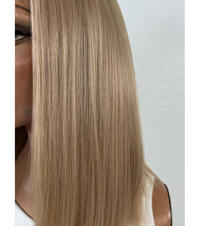 Medium blonde Human Hair Blend long bob haircut lace frontal wig, Premium  HD 13x6 lace