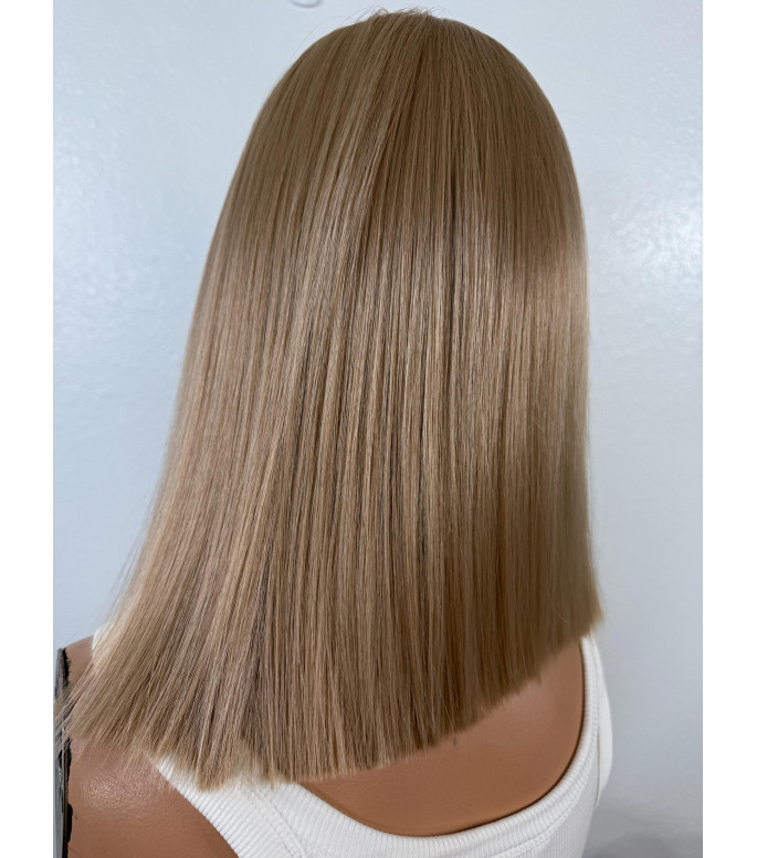 Medium blonde Human Hair Blend long bob haircut lace frontal wig, Premium  HD 13x6 lace