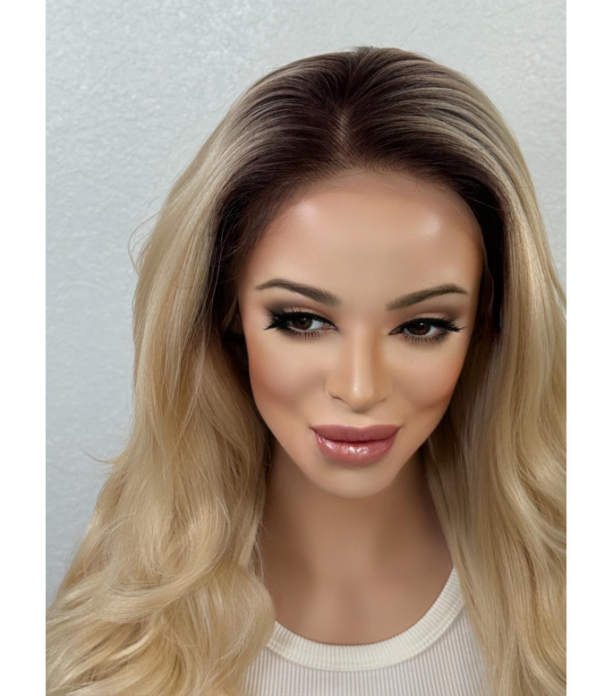 Light Blonde Human Hair Blend Lace Front Wig | Wavy 13x6  Hair | Blonde Ombr Rooty Hair |
