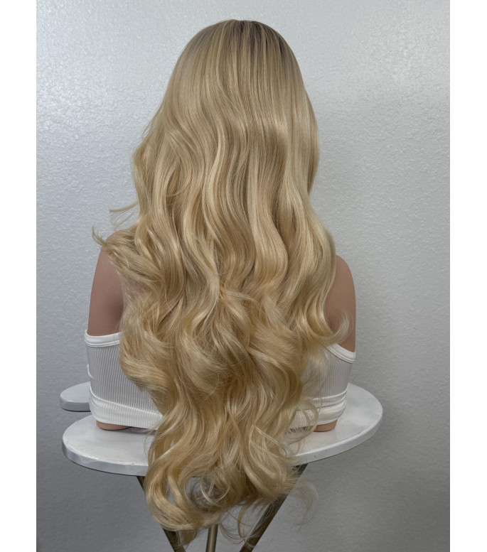 Light Blonde Human Hair Blend Lace Front Wig | Wavy 13x6  Hair | Blonde Ombr Rooty Hair |
