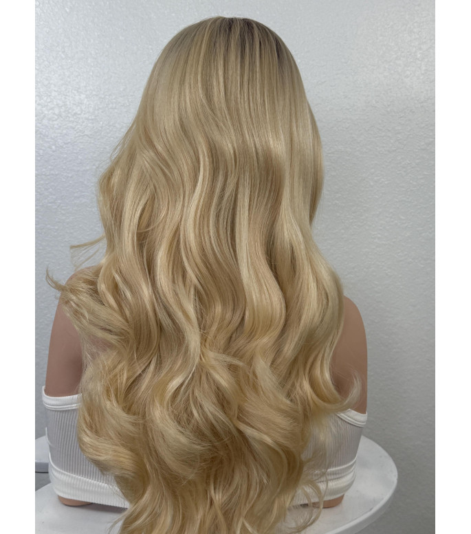 Light Blonde Human Hair Blend Lace Front Wig | Wavy 13x6  Hair | Blonde Ombr Rooty Hair |