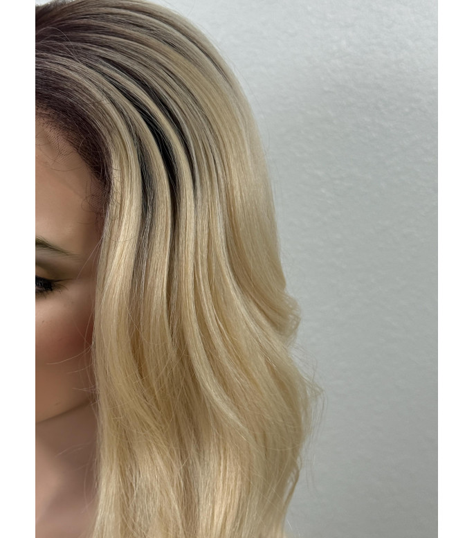 Light Blonde Human Hair Blend Lace Front Wig | Wavy 13x6  Hair | Blonde Ombr Rooty Hair |