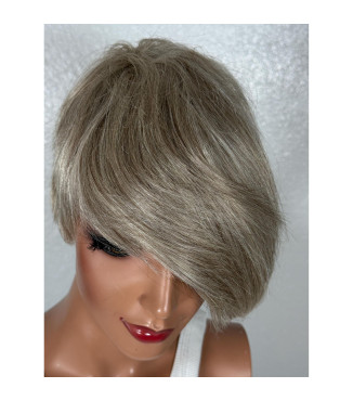 Gray Ash Sandy Blonde Mix Short Pixie Human Hair Wig with Bangs