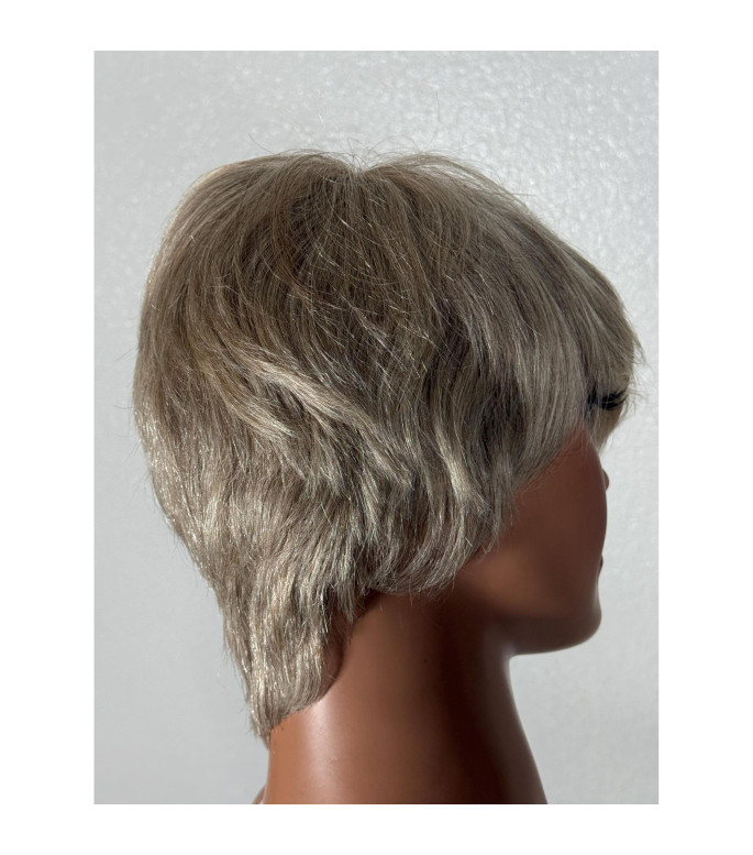 Gray Ash Sandy Blonde Mix Short Pixie Human Hair Wig with Bangs