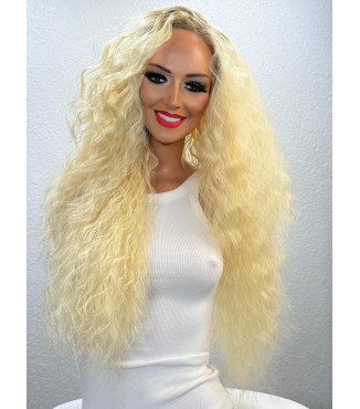 Bright Bleached Blonde Human Hair Blend Lace Frontal Wig, Shadow Root Wavy Heat Friendly