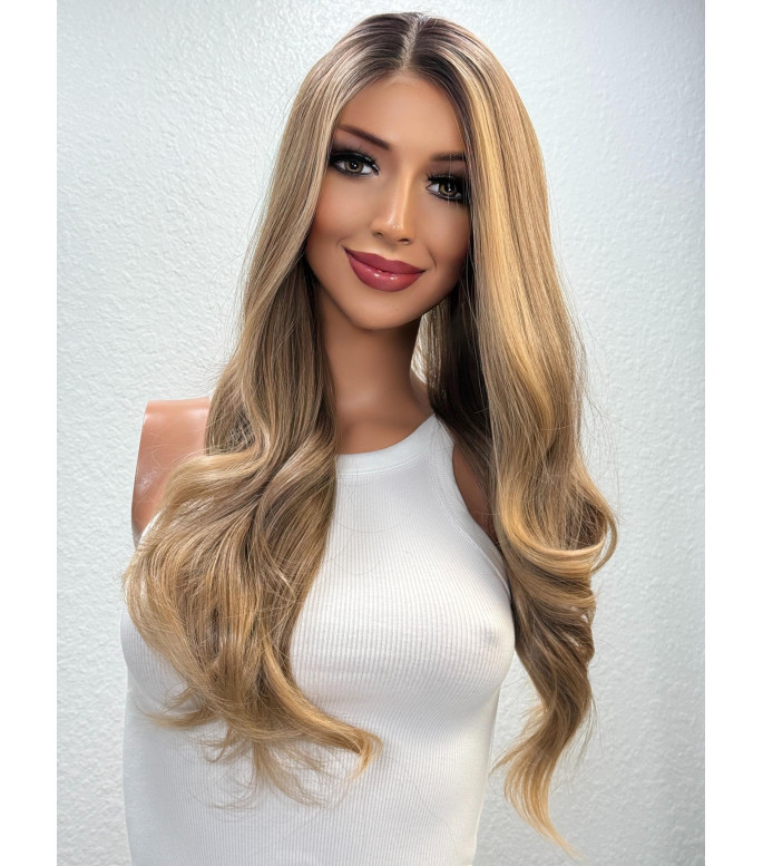 Blonde Human Hair Blend Toasted Wheat Warm Brown Balayage Wig, Natural Roots 22 Cascading