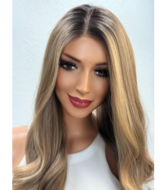 Blonde Human Hair Blend Toasted Wheat Warm Brown Balayage Wig, Natural Roots 22 Cascading