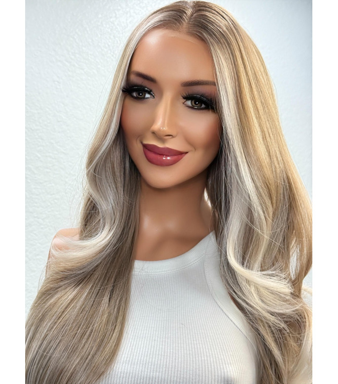 Platinum Blonde Human Hair Blend Wig, Money Piece Sand Blonde Hair Wig, Balayage Wavy