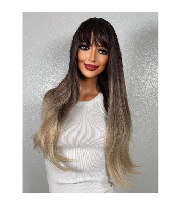 Ash Ombr Blonde Human Hair Blend Wig, Dark Root Smudge Wig with Full Bangs