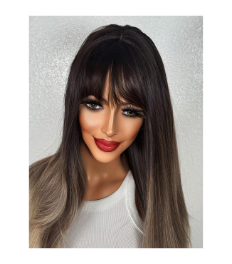 Ash Ombr Blonde Human Hair Blend Wig, Dark Root Smudge Wig with Full Bangs
