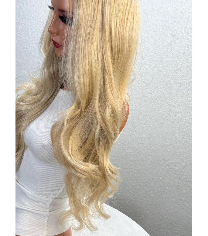 Light Pale Buttery Blonde Human Hair Blend Balayage Long Soft Waves Wig, HD Invisible
