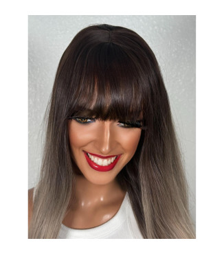 Mushroom Ashy Ombr Blonde Dark Root Smudge Human Hair Blend Wig with Full Bangs