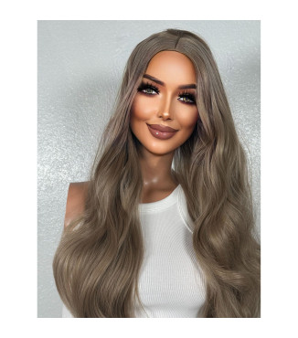 Dark Tawny Ash Blonde Wavy Human Hair Blend Wig with Bangs, Alopecia Hairloss Wig