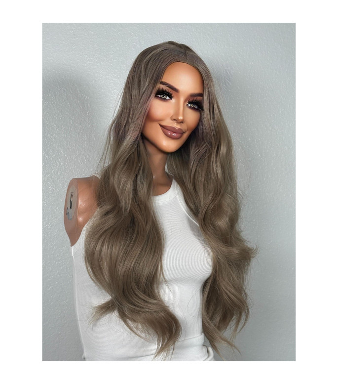 Dark Tawny Ash Blonde Wavy Human Hair Blend Wig with Bangs, Alopecia Hairloss Wig