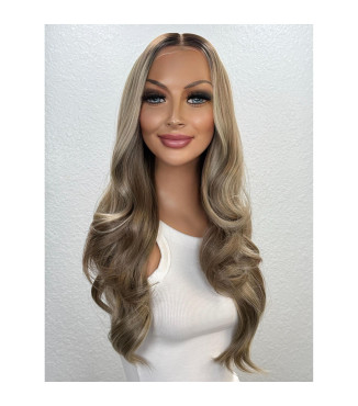 Ash Natural Blonde Human Hair Blend Wig, Softly Rooted Brown Balayage Mono Top Lace Front