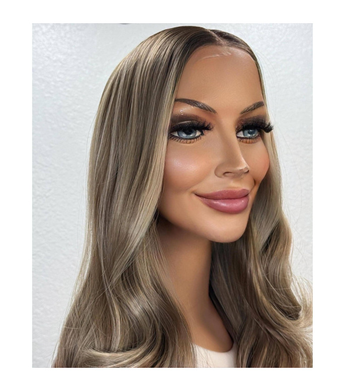 Ash Natural Blonde Human Hair Blend Wig, Softly Rooted Brown Balayage Mono Top Lace Front