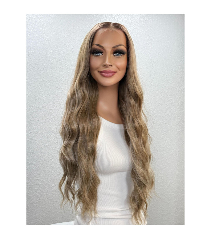 Caramel Sugar Blonde Human Hair Blend Wig, Balayage Highlights 13x6 Wide Lace Top Lace