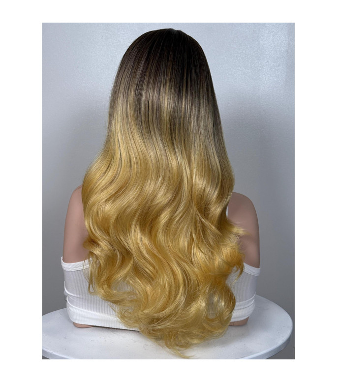 Medium Golden Bright Blonde Soft Waves Human Hair Blend Wig, Ombr Roots Layered Wig, 13x6