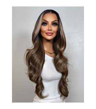 Brown Balayage Human Hair Blend Wig, Vanilla Money Piece Highlights Front Lace Wig