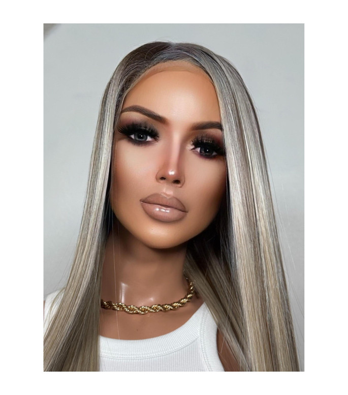 Frosted Ashy Blonde Human Hair Blend Dimensional Balayage 13x6 Free Part Lace Front Wig