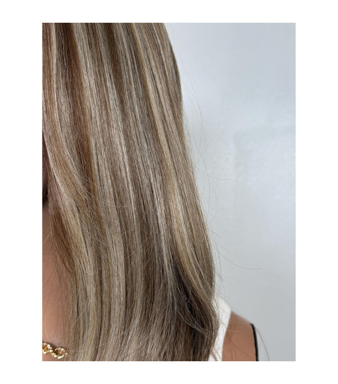 Carmel Macchiato Blonde Human Hair Blend Wig, Chunky Mixed Brown Highlights Lace Front