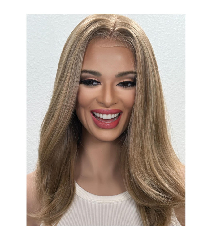 Dark Cool Blonde Level 7 Lace Frontal Human Hair Blend Wig / 14 inch Straight Round Brush