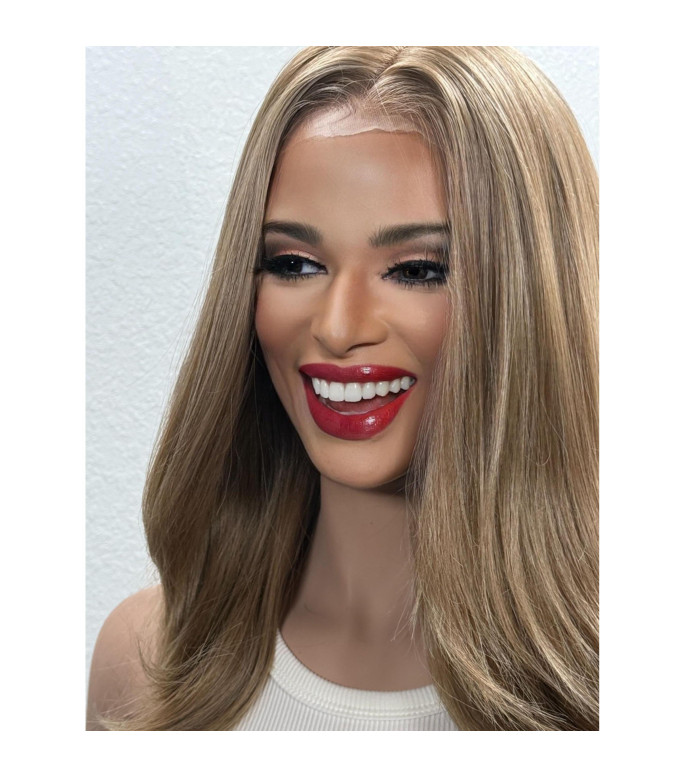 Dark Cool Blonde Level 7 Lace Frontal Human Hair Blend Wig / 14 inch Straight Round Brush