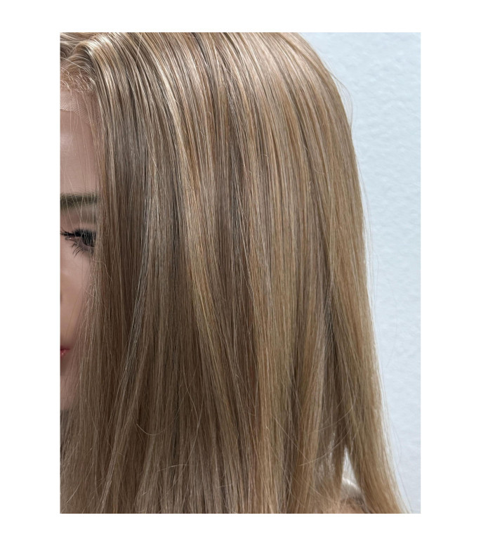 Dark Cool Blonde Level 7 Lace Frontal Human Hair Blend Wig / 14 inch Straight Round Brush