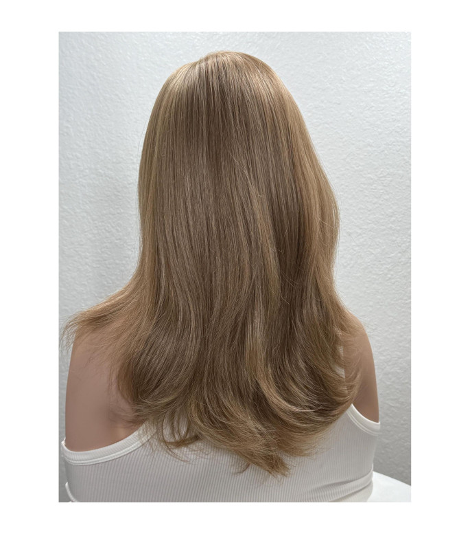 Dark Cool Blonde Level 7 Lace Frontal Human Hair Blend Wig / 14 inch Straight Round Brush