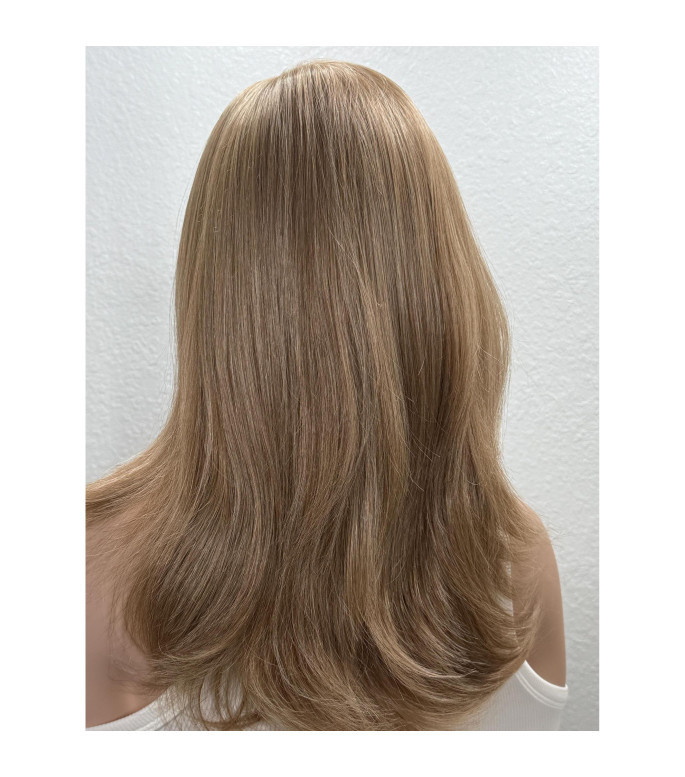 Dark Cool Blonde Level 7 Lace Frontal Human Hair Blend Wig / 14 inch Straight Round Brush