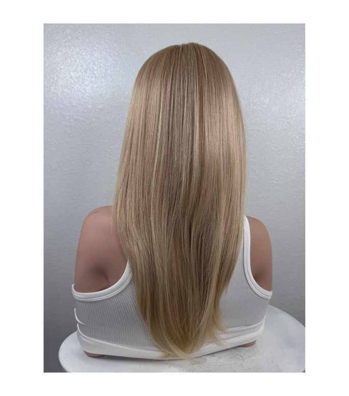 Beige Blonde Hair Human Hair Blend Wig, Long Layered Curtain Bangs, Straight 13x6 Free