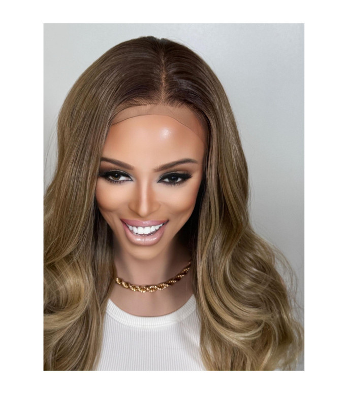Toasted Multi-Tonal Wheaty Blonde Balayage Free Part Human Hair Blend Lace Wig, Brown