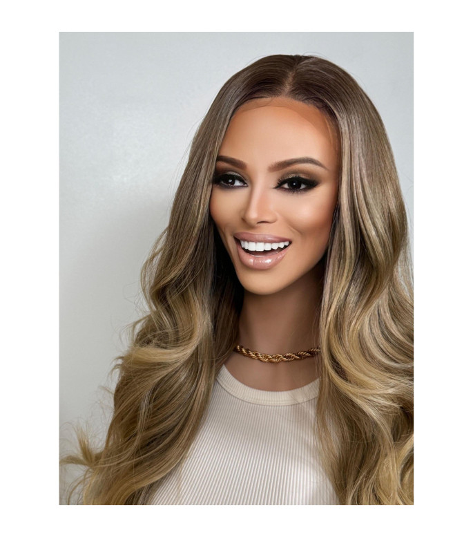 Toasted Multi-Tonal Wheaty Blonde Balayage Free Part Human Hair Blend Lace Wig, Brown
